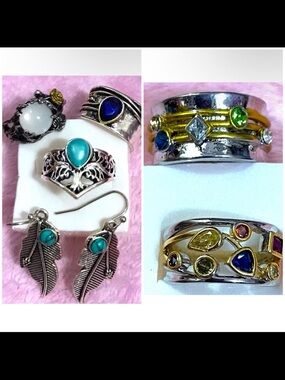 Vintage Silver Turquoise Earrings & Moonstone Ring Jewelry Bundle Set A Lot/ 8